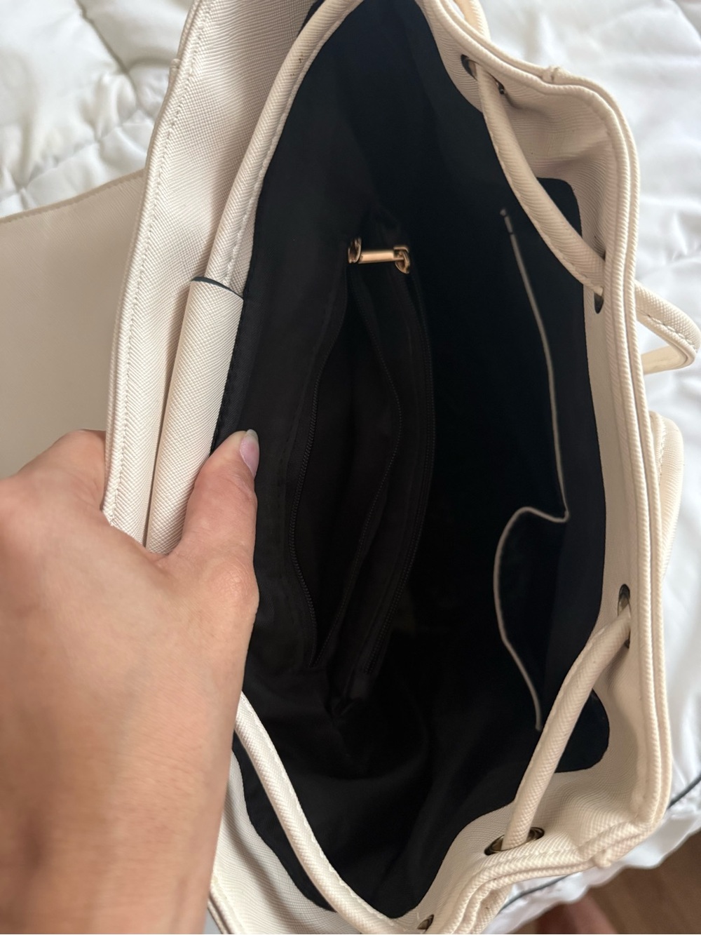 Cream Leatherette Drawstring Backpack with Gold Hardware - Picture 4 of 4